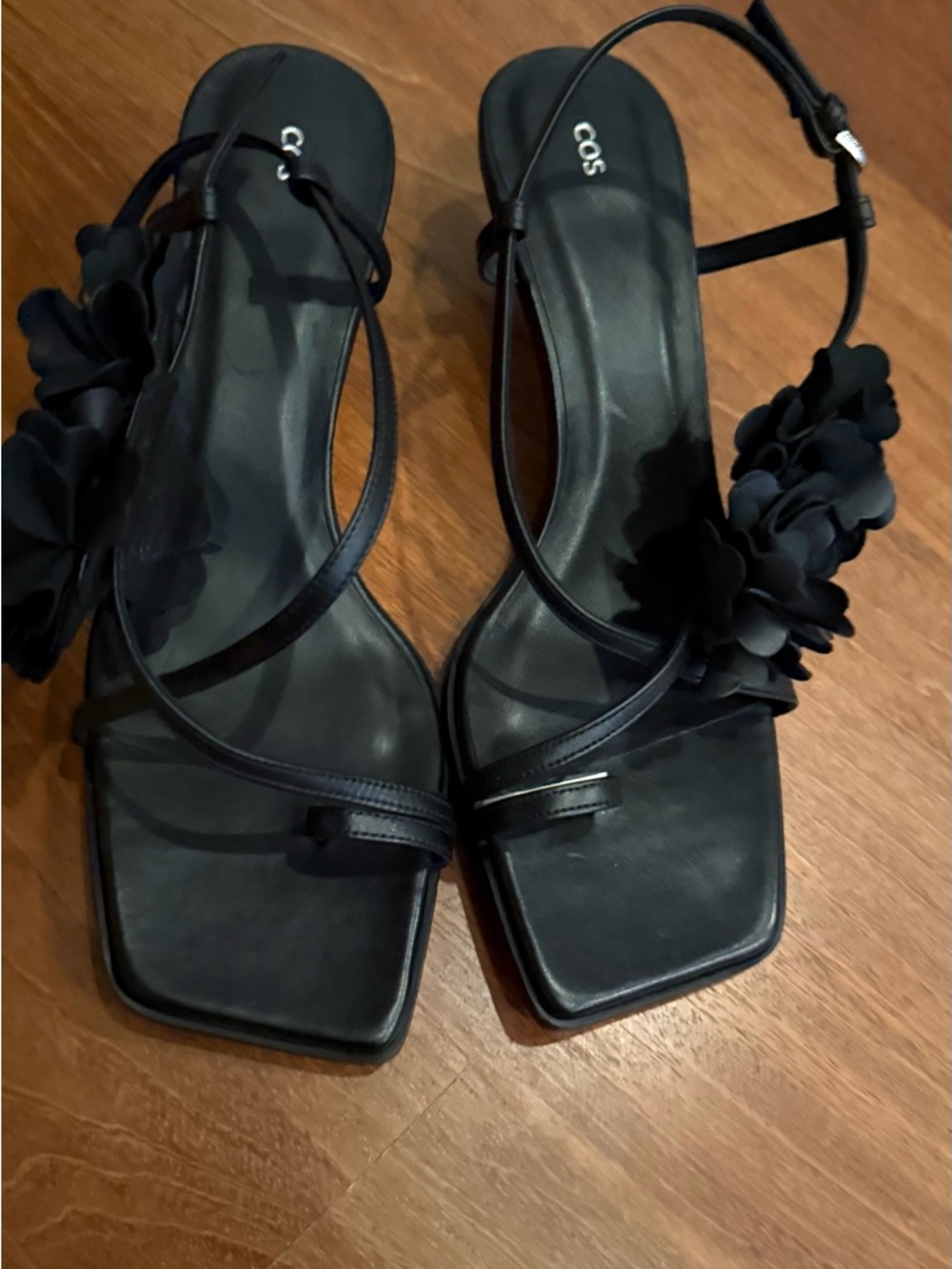 COS Black Floral Strap Square-Toe Heeled Sandals